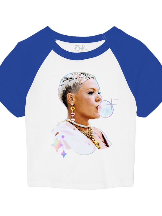 Celebrity Pink Tops - !NK Official 2024 BubbleGum Graphic Raglan CropTee Blue/White Sz L(Fits like Sm)